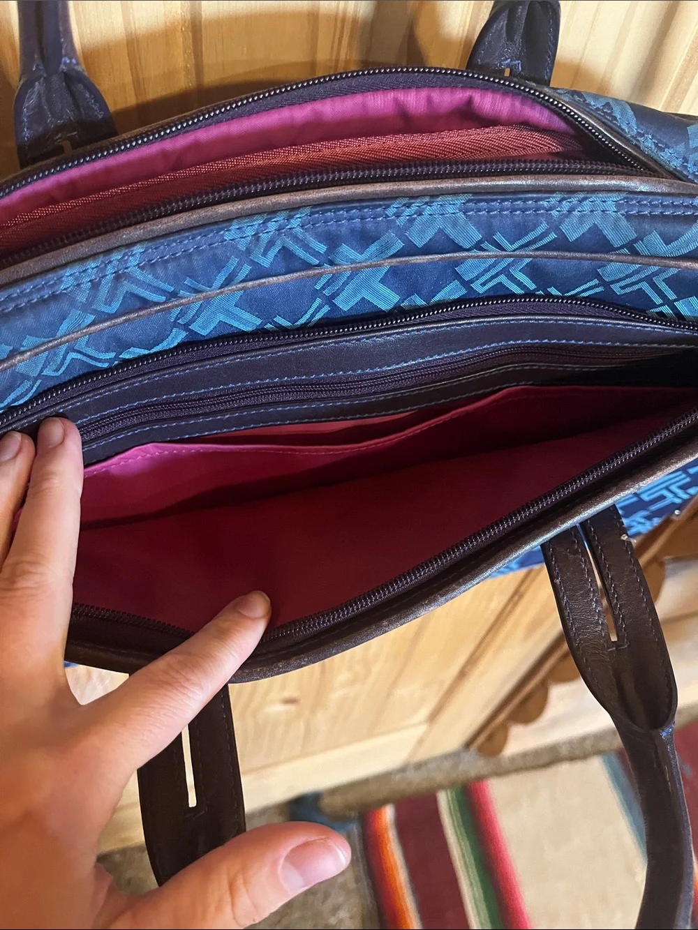 Tumi Navy Blue Patterned Laptop Bag with Dark Brown Trim